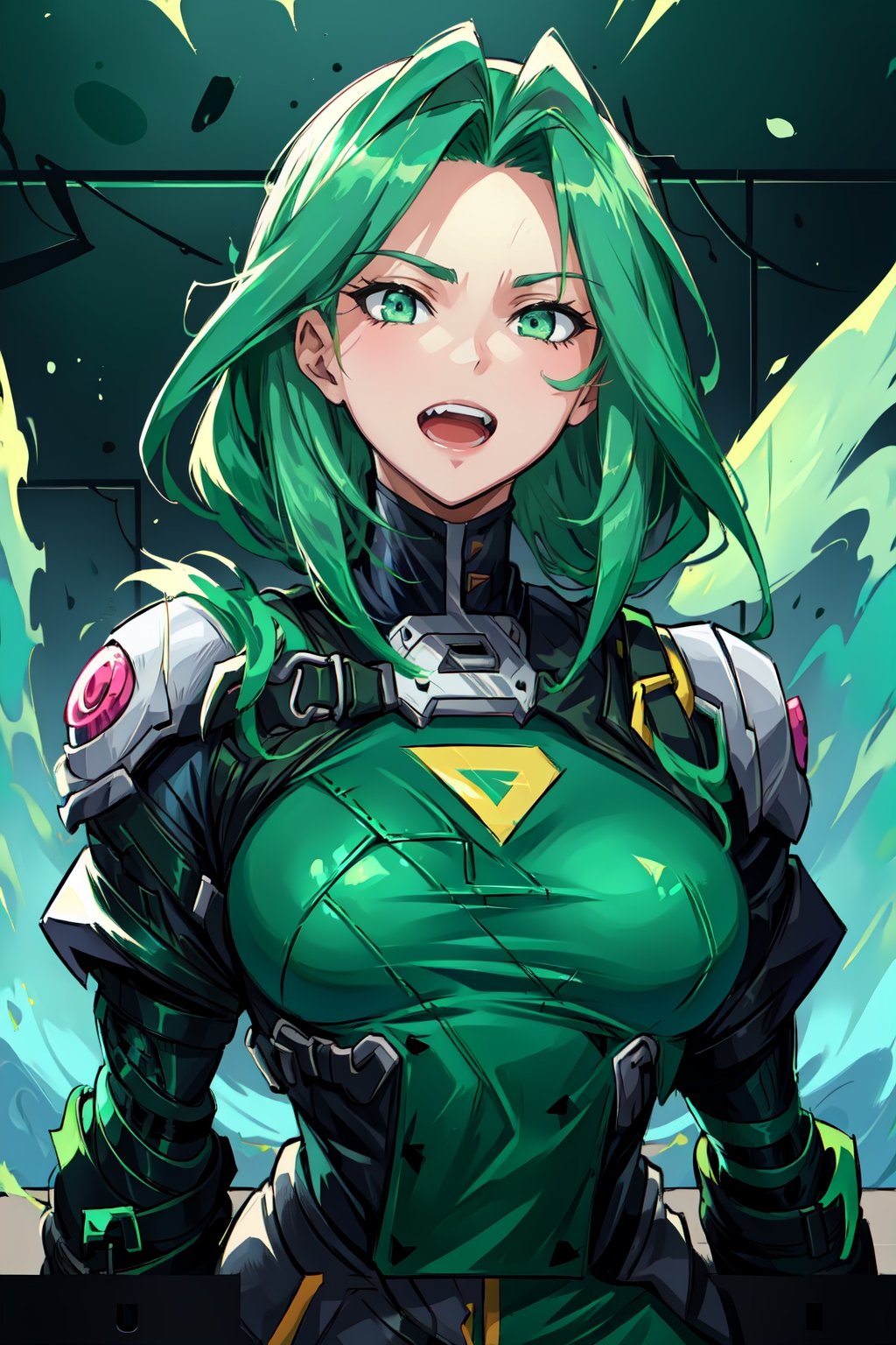 1girl, ((green hair, green eyes)), open mouth, smile, looking at viewer, upper_body, fantasy, aesthetic, (masterpiece, best quality, highres), trending on pixiv, solo, ((anime_screencap)), perfect anime anatomy, ,ARYSTYLE3,midjourney,1 girl,milfication,Science Fiction