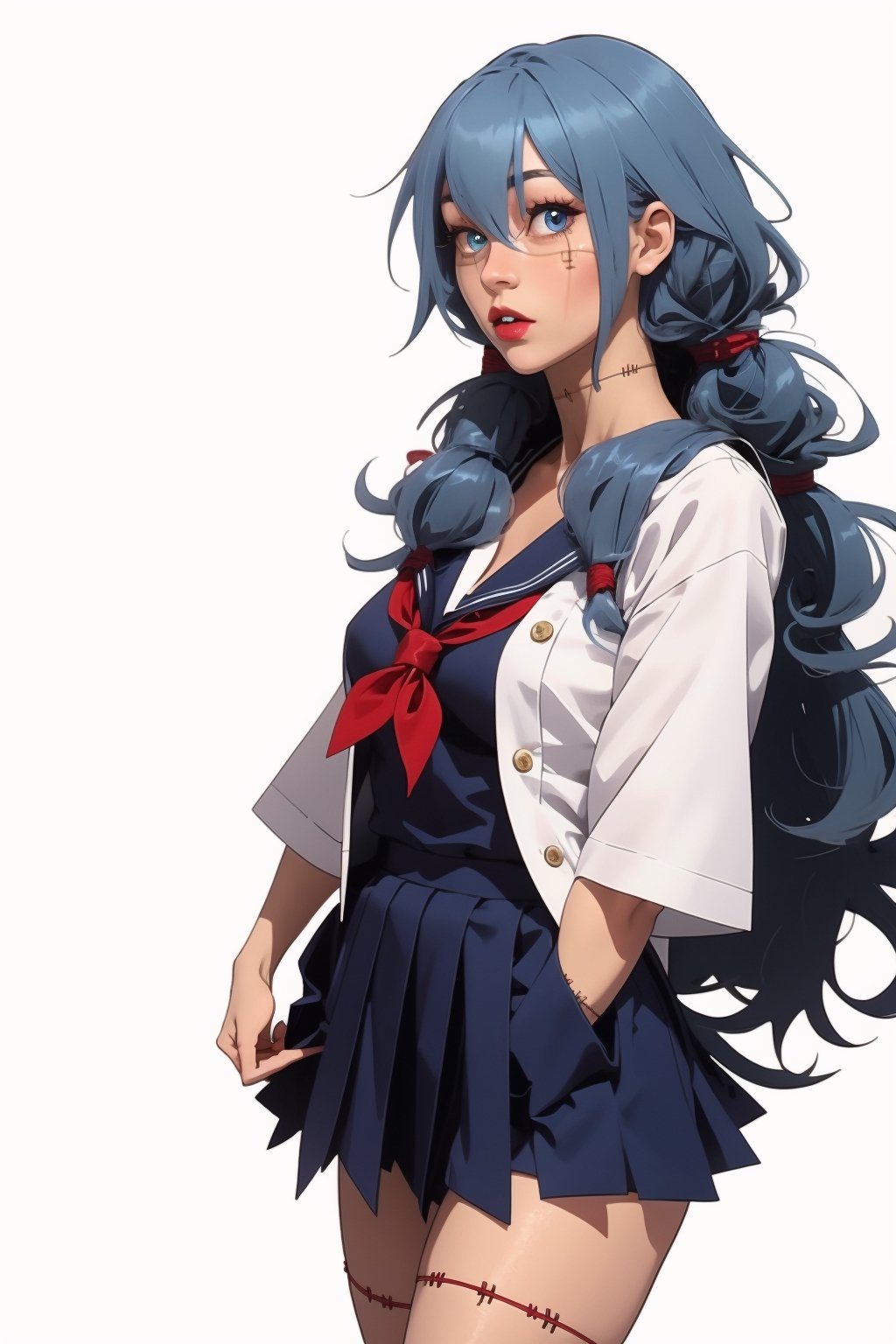 LIGHT BLUE HAIR, LONG HAIR, STITCHES, STITCHED BODY, SCHOOLGIRL UNIFORM, HETEROCHROMIA, Female version of ,Mahito, white background, plain white background,