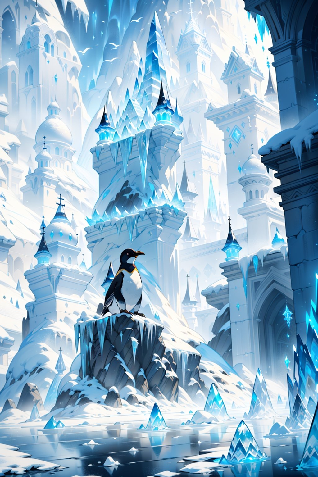 vibrant colors, female, masterpiece, sharp focus, best quality, depth of field, cinematic lighting, ((solo, landscape )), (illustration, 8k CG, (extremely detailed), masterpiece, ultra-detailed, **Title:** "Ice Cream Kingdom"

The painting offers a magical glimpse of a frozen landscape, where ice dominates the scene in all its forms. Immense spikes of ice rise towards the sky, creating a surreal and majestic perspective. In the distance, frost-carved buildings stand like monuments in the frozen earth.

The penguins move gracefully through the frozen water, creating a fascinating contrast between their dark plumage and the surrounding ice world. The sunlight reflects on the frozen surfaces, creating plays of light and shadow that make the landscape even more evocative.

In this "Frozen Kingdom", the coldness of the environment mixes with the disturbing beauty of the ice, transmitting a sensation of quiet and majesty typical of a world where the cold reigns supreme.