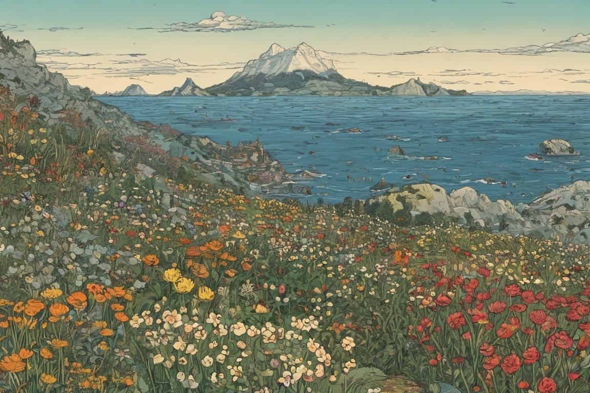 mountains, flowers, sea, ,,  digital painted artwork, key visual, by Mattias Adolfsson, strong radiant volumetric
