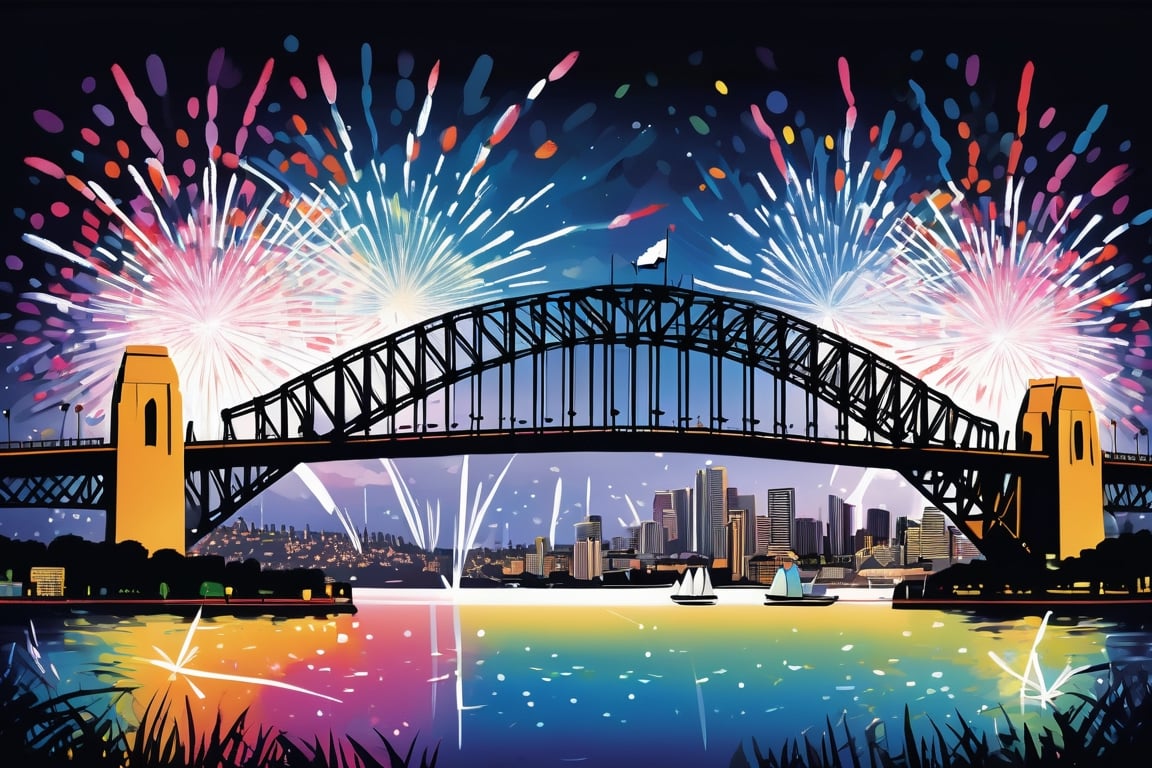 happy new year, sydney harbour bridge, firework, digital painted artwork, key visual, by Sarah Andersen, strong radiant blooming volumetric 
