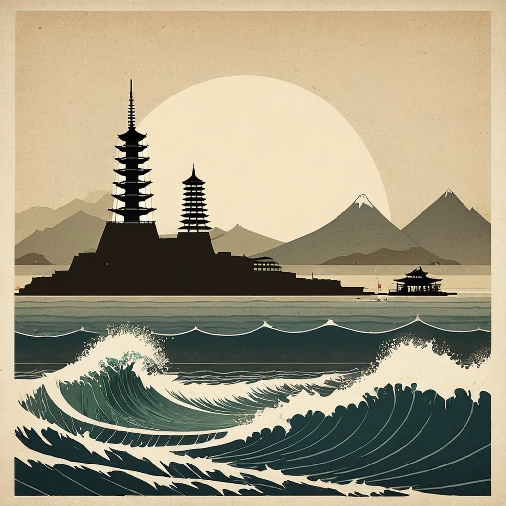 Godzilla coming out of sea with japan in the background, style of Federico Babina