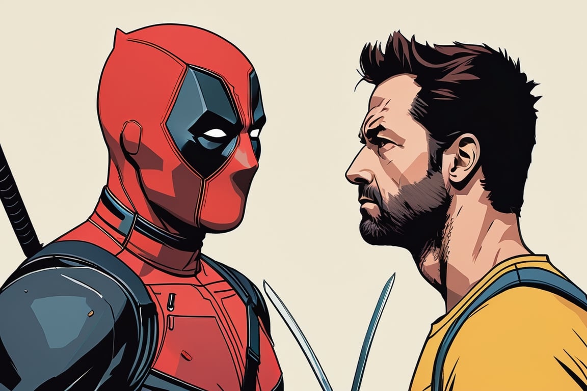 illustration bold lines, thick and thin lines, art style gta , masterpiece, comic inspired Deadpool and Wolverine  face to face,,art by Alessandro Gottardo, bold shadows, captivating scene, masterpiece
