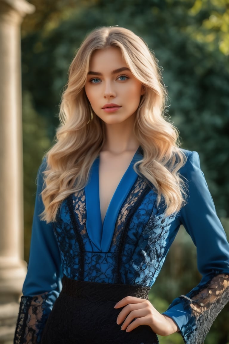 masterpiece, high quality animation, aesthetic photo ,(HDR:1.4), pore and detailed, intricate detailed, graceful and beautiful textures, RAW photo, 16K, (bokeh:1.1), diffused sunlight, cool tone, in the mansion garden, european girl, beautiful face, light-blue eyes, light-blond wavy long hair, (bangs), blue jacket over black lace sexy bodysuit, blue skirt,better photography