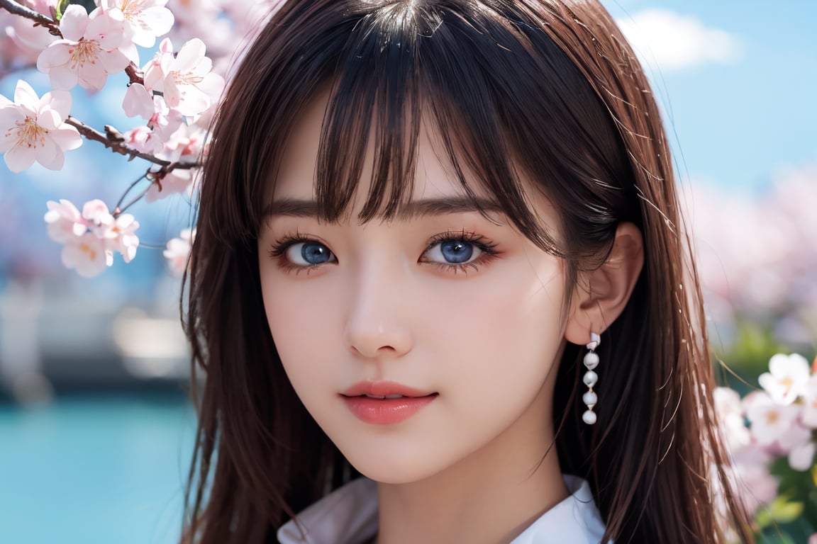 masterpiece, realistic, photorealistic, raw photo, best quality,8K warm sunlight, bokeh, realistic illustration, (detailed face:1.3),  
cherry blossoms in full bloom under the blue sky                                                                          
22yo-1girl, brown shoulder-length hair,dull bangs, light smile, juicy lips, smooth pearl skin, white knit shirt, ice blue eyes,