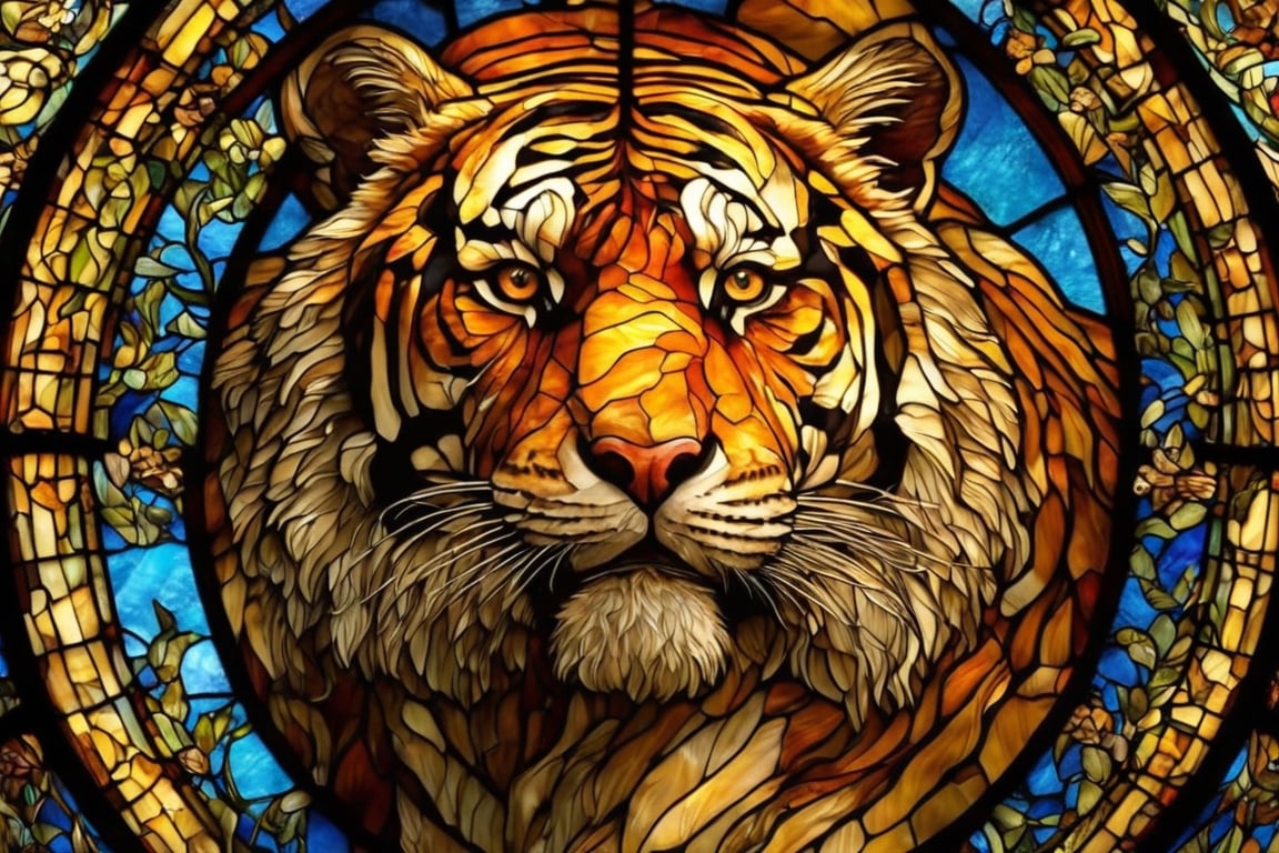 masterpiece, high quality, realistic aesthetic photo ,(HDR:1.2), pore and detailed, intricate detailed, graceful and beautiful textures, RAW photo, 16K, cinematic lighting,(art nouveau theme:1.4) in the Cathedral, upper body, tiger made Stained glass,glass art,more detail XL,Stained glass