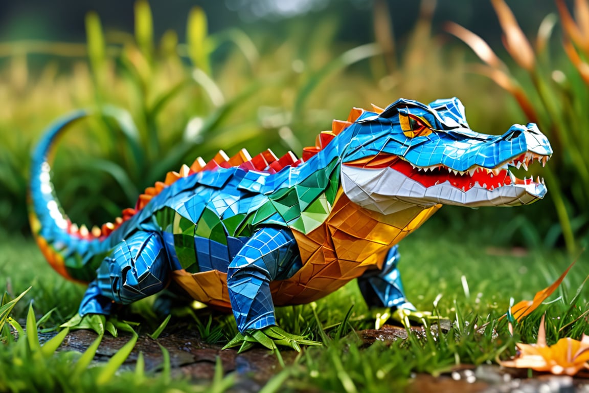 masterpiece, high quality, realistic aesthetic photo ,(HDR:1.2), pore and detailed, intricate detailed, graceful and beautiful textures, RAW photo, 16K, (orogami art), in the grass land, colorful crocodile,glass shiny style