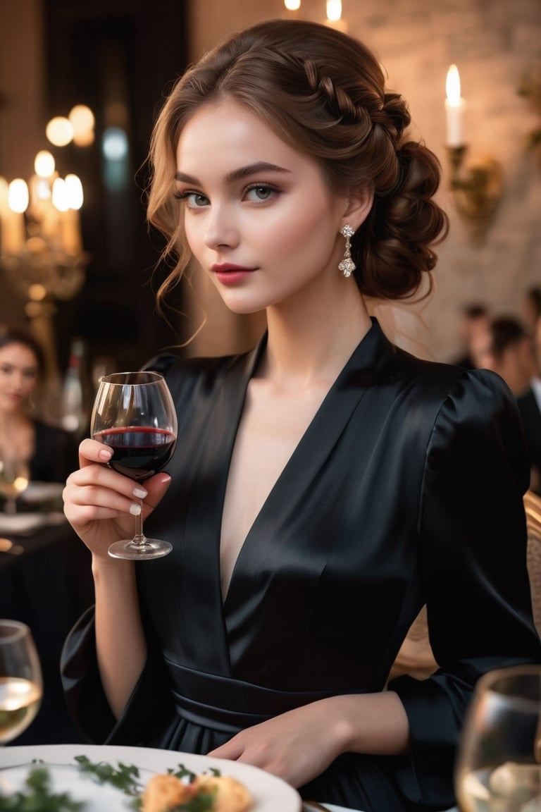 masterpiece, high quality, realistic aesthetic photo, pore and detailed, intricate detailed, graceful and beautiful textures, RAW photo, 16K, cinematic lighting, forcus on, ((Dinner-party theme)),                       
elegant-1girl, beautiful face, tie hair back, black evening dress, hand holding a wine glass, detailed finger,