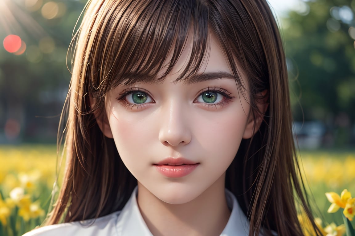 masterpiece, realistic, photorealistic, raw photo, best quality,8K,  side warm sunlight, bokeh, realistic illustration, (detailed face:1.3), freesia field background,                                                                            
22yo-1girl,  dark-blond shoulder-length hair,dull bangs, light smile, juicy lips, smooth skin, white knit shirt, light-green eyes,