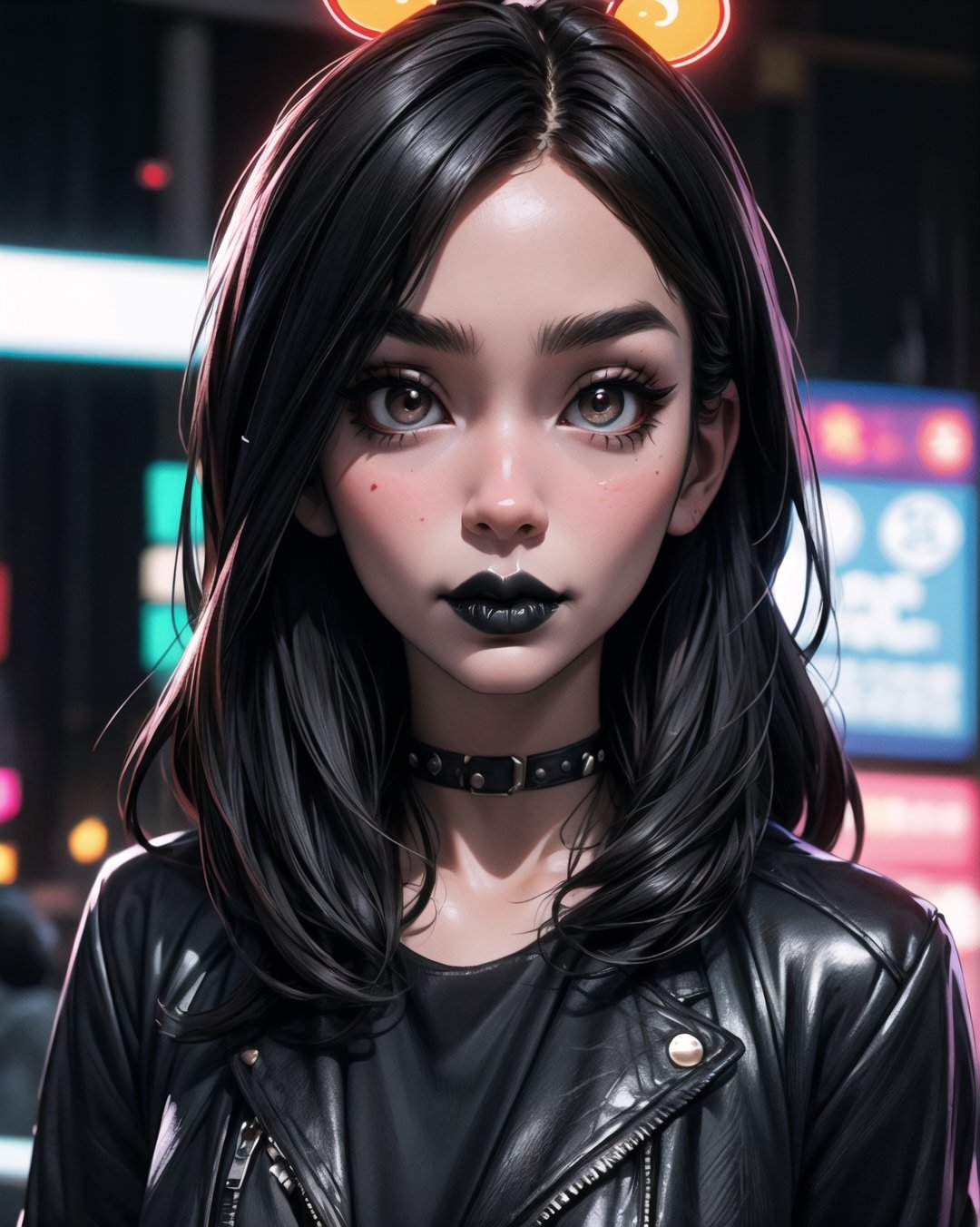 (masterpiece, best quality), 1girl, 22 years old,    punk,  black hair, black lipstick, background neon lights ,SAM YANG,3DMM,kaijin_hime_do-s_aiwaifu