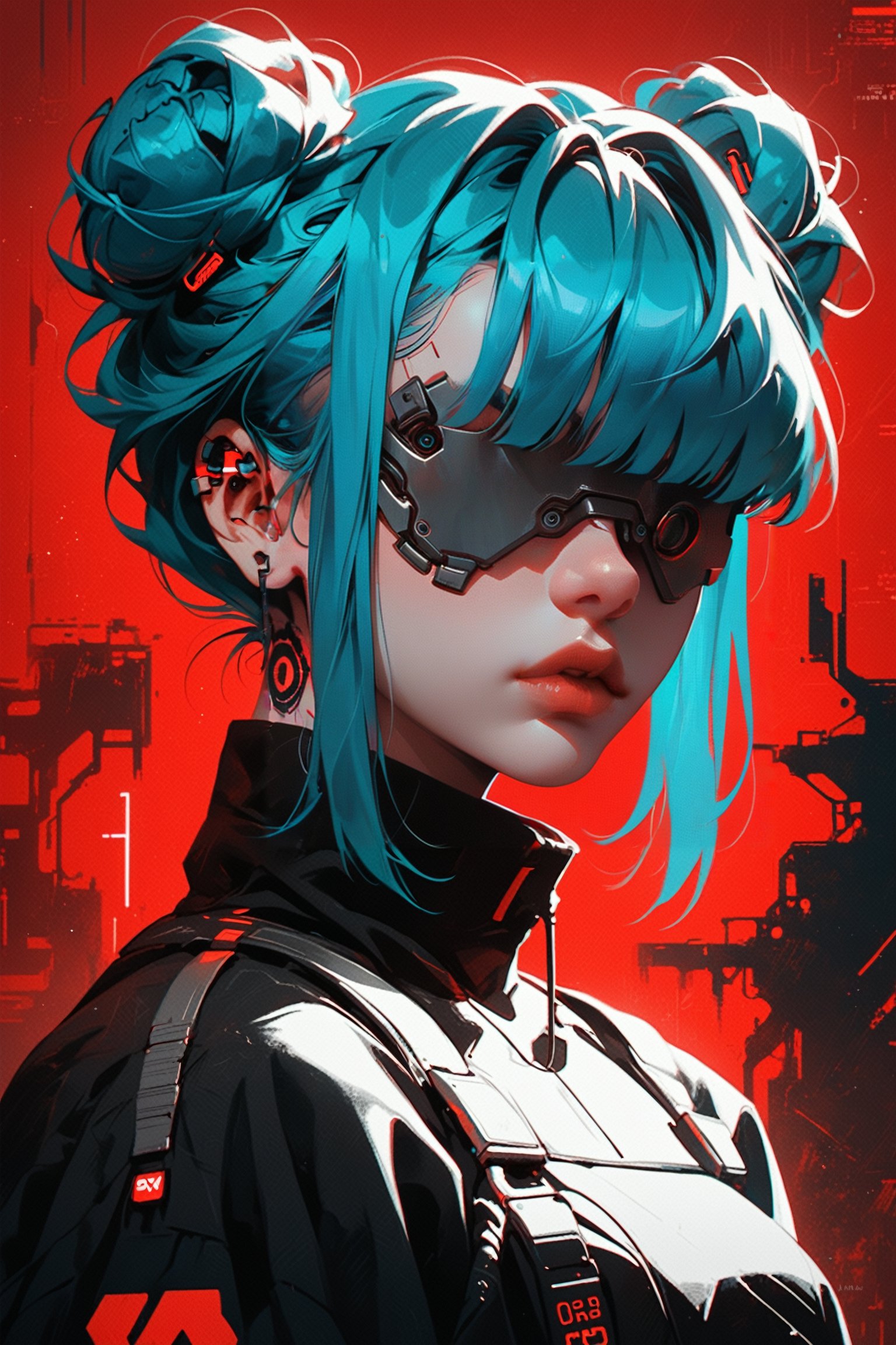 score_9, score_8_up, score_7_up,  xenotr1p, selective red color, monochrome, colored, 1girl, solo, portrait, cyberpunk white cyborg, hair covering eyes, twin bun hair, blue hair,  ,trending on dribbble, ad, aesthetics, aesthetic, pv,selective <color> color