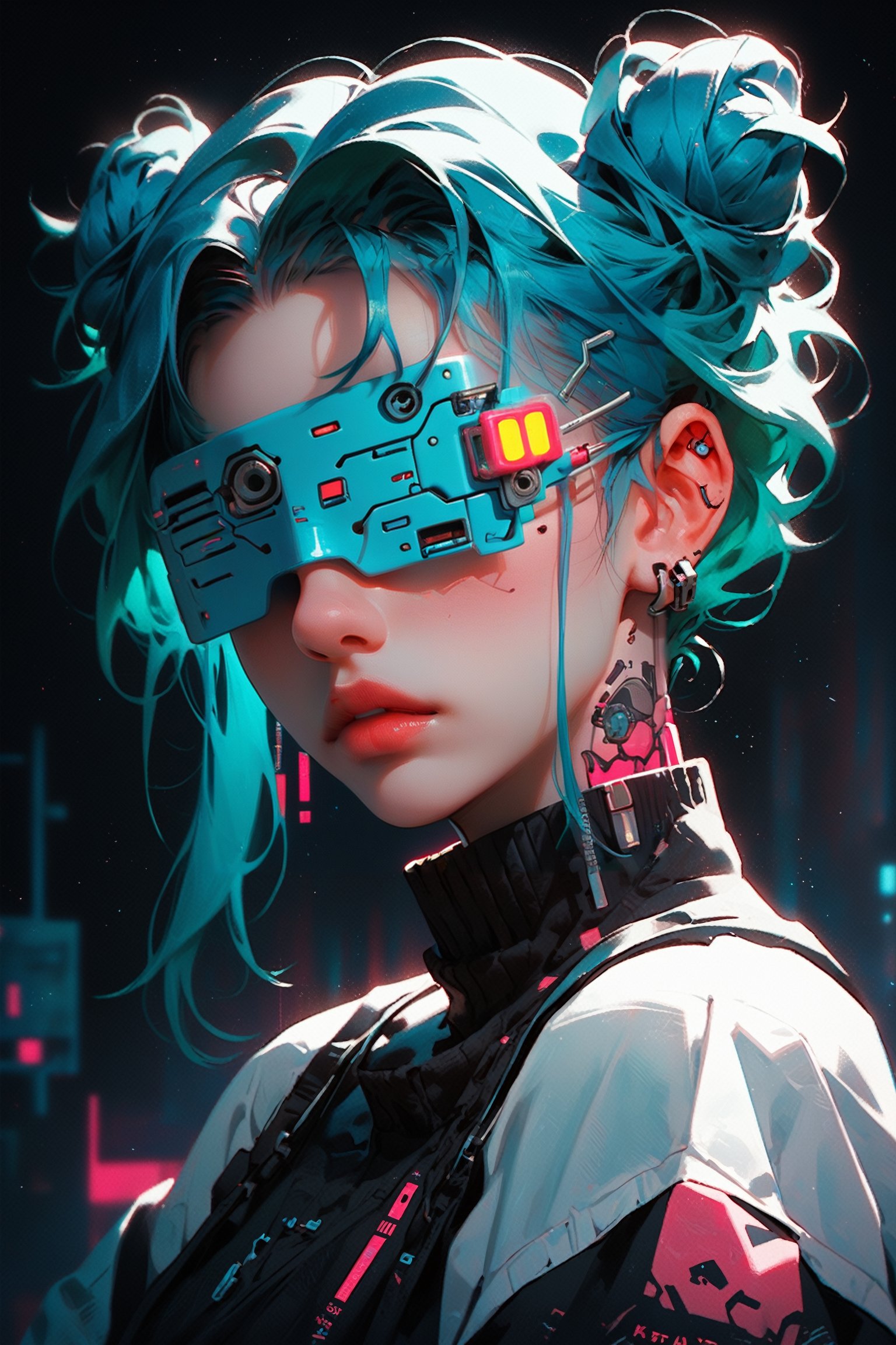 score_9, score_8_up, score_7_up, kyuyongeom, 1girl, solo, portrait, cyberpunk white cyborg, hair covering eyes, twin bun hair, blue hair,  ,trending on dribbble, ad, aesthetics, aesthetic, pv,