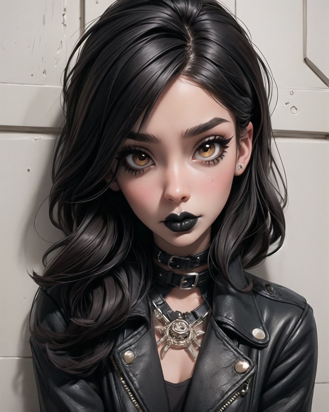 1girl, punk, against wall, eyeliner, black lips,, masterpiece, best quality, highly detailed