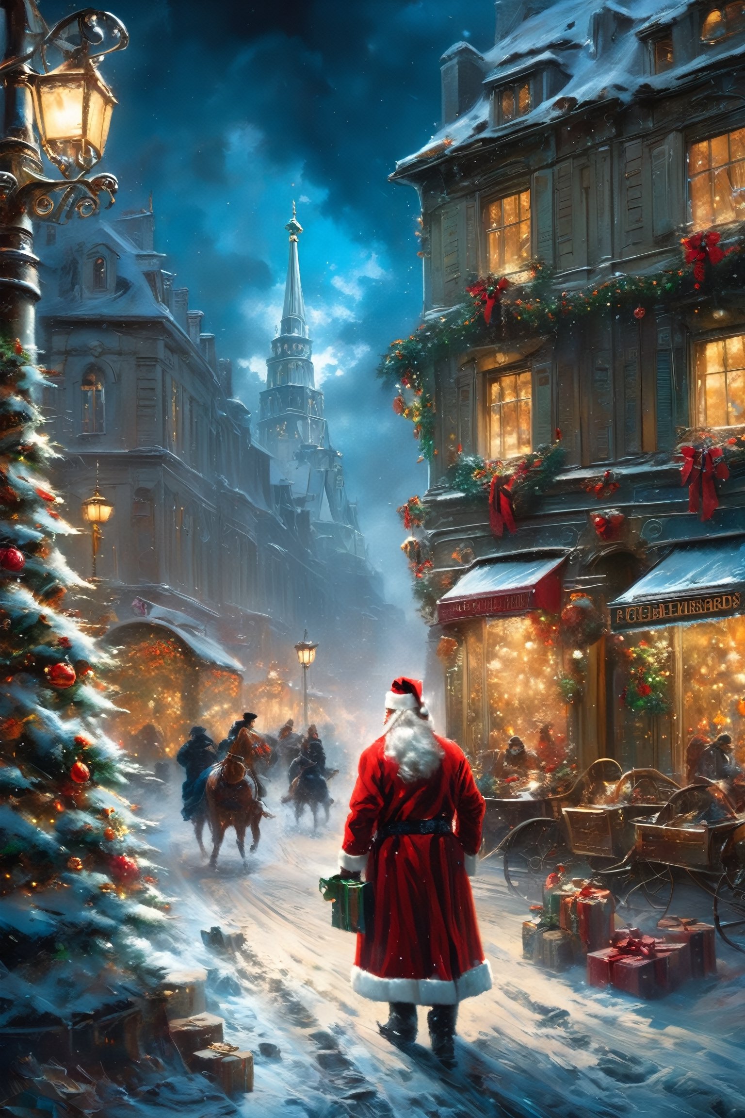 style by (Anthony Gross,Antoine Blanchard:2.5),unique detailed Xmas Atmosphere,Dynamic Angle,Cinematic Lighting,Epic winter masterpice,concept art,Santa Claus and his Blue-eye,Cute,Realistic Perfect Face,Intricate,Wear,Perky Breast ,Female Helper, vivid room phantasmagoria,Huge Detailed Scene