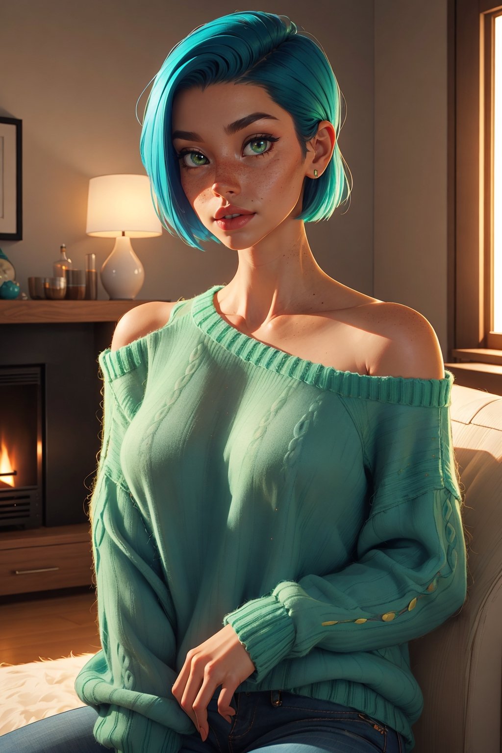 Style: disney, (pixar), 3d, cartoon, realistic, realism, (epic:1.2), trending on artstation, (high quality:1.2), (masterpiece:1.2) , (8k resolution) , high details, incredibly absurdres, color connection, colorized, colorful, sexy, nsfw, seductive),
(1girl mid twenty, latina face, freckles, (blue short hair), shaved sides, medium breasts, tattooed,  sw3ater, (green sweater:1.22), off-shoulder sweater, fuzzy sweater,
(Backround: cozy, wholsome, warm, living room)
,realistic illumination