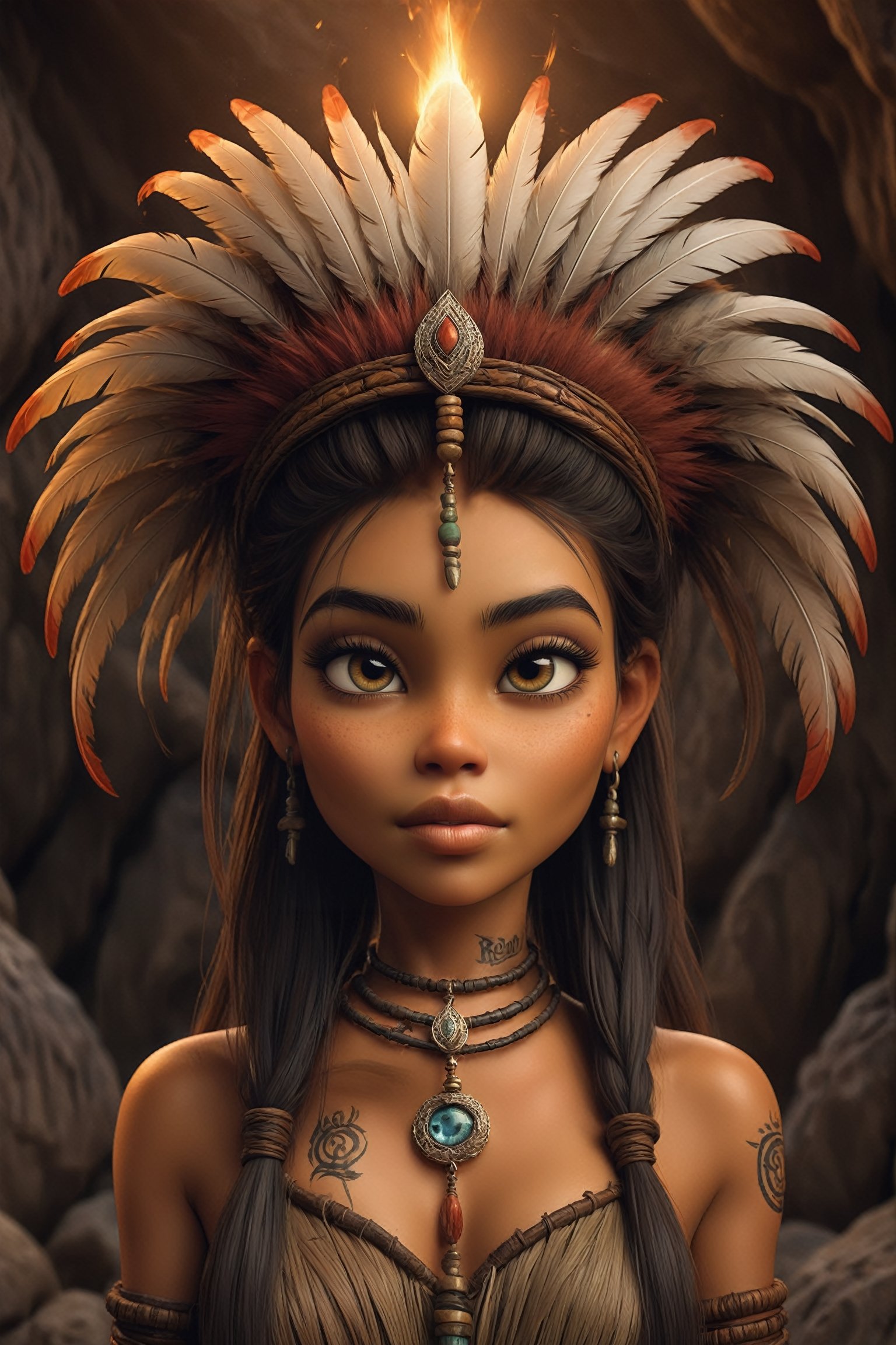 (in Don Bluth style:1.4), (masterpiece:1.2), (A female shaman, her body adorned with intricate tattoos that tell the story of her lineage, wearing a headdress of woven feathers and bones that echo the whispers of the ancestors, wearing unique Avant-garde masterpiece attire and headdress:1.1), (depicted in an earthy tribal style with warm natural lighting, set against the backdrop of a ceremonial cave filled with flickering firelight and ancient symbols:1.1), (hyperdetailed:1.1), (intricate details:1.0), (Refined details:1.1), (best quality:1.1), (very stylish detailed modern haircut, mesmerizing detailed radiant face, mesmerizing detailed beautiful eyes:1.2)