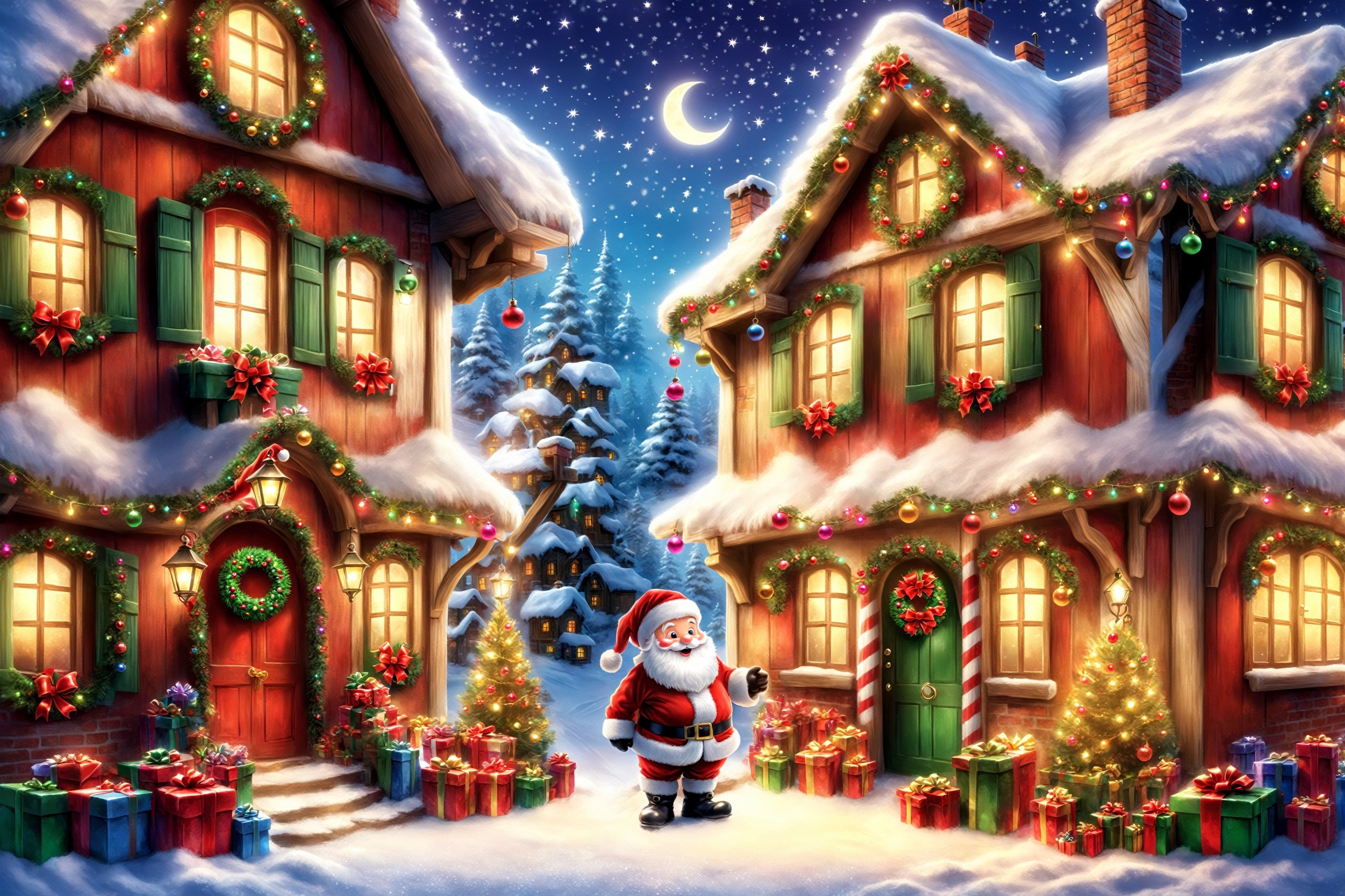 Create a magical image of Santa Claus and his elves decorating their home before the upcoming holidays. Add lots of bright garlands, cheerful balls, glittery ribbons and other festive decorations. Show a joyful and cheerful moment when the whole house is filled with the magic of Christmas!