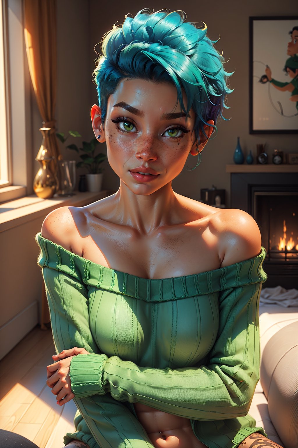 Style: disney, (pixar), 3d, cartoon, realistic, realism, (epic:1.2), trending on artstation, (high quality:1.2), (masterpiece:1.2) , (8k resolution) , high details, incredibly absurdres, color connection, colorized, colorful, sexy, nsfw, seductive),
(1girl mid twenty, latina face, freckles, (blue short hair), shaved sides, medium breasts, tattooed,  sw3ater, (green sweater:1.22), off-shoulder sweater, fuzzy sweater,
(Backround: cozy, wholsome, warm, living room)
