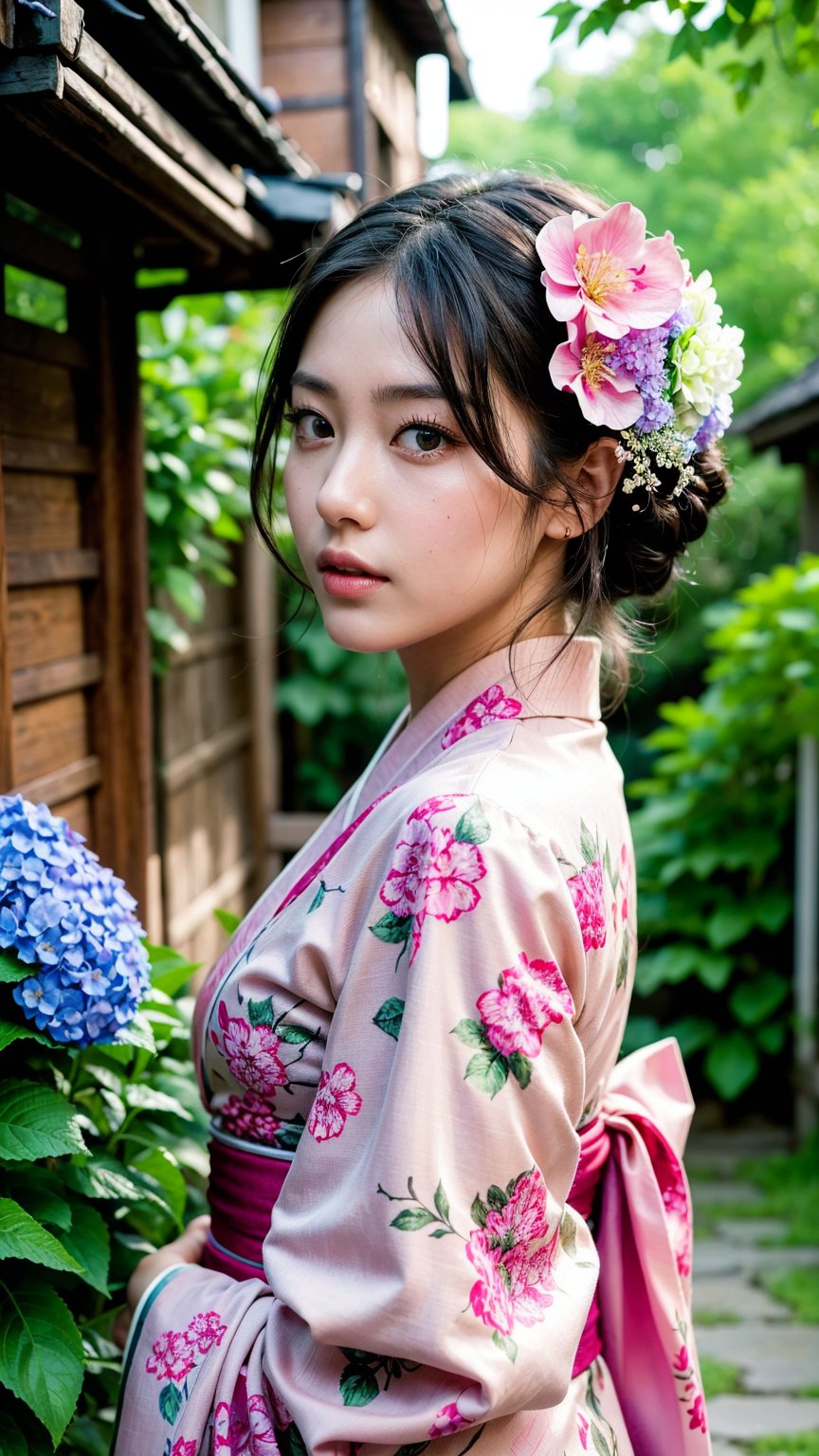 1girl, masterpiece, best quality, highres, sharp focus, face focus, highly detailed, detailed beautiful face and eyes, super detailed skin, detailed background, professional lighting, full body, pink kimono, flower printing kimono, blooming hydrangea, garden Alley,water drop,