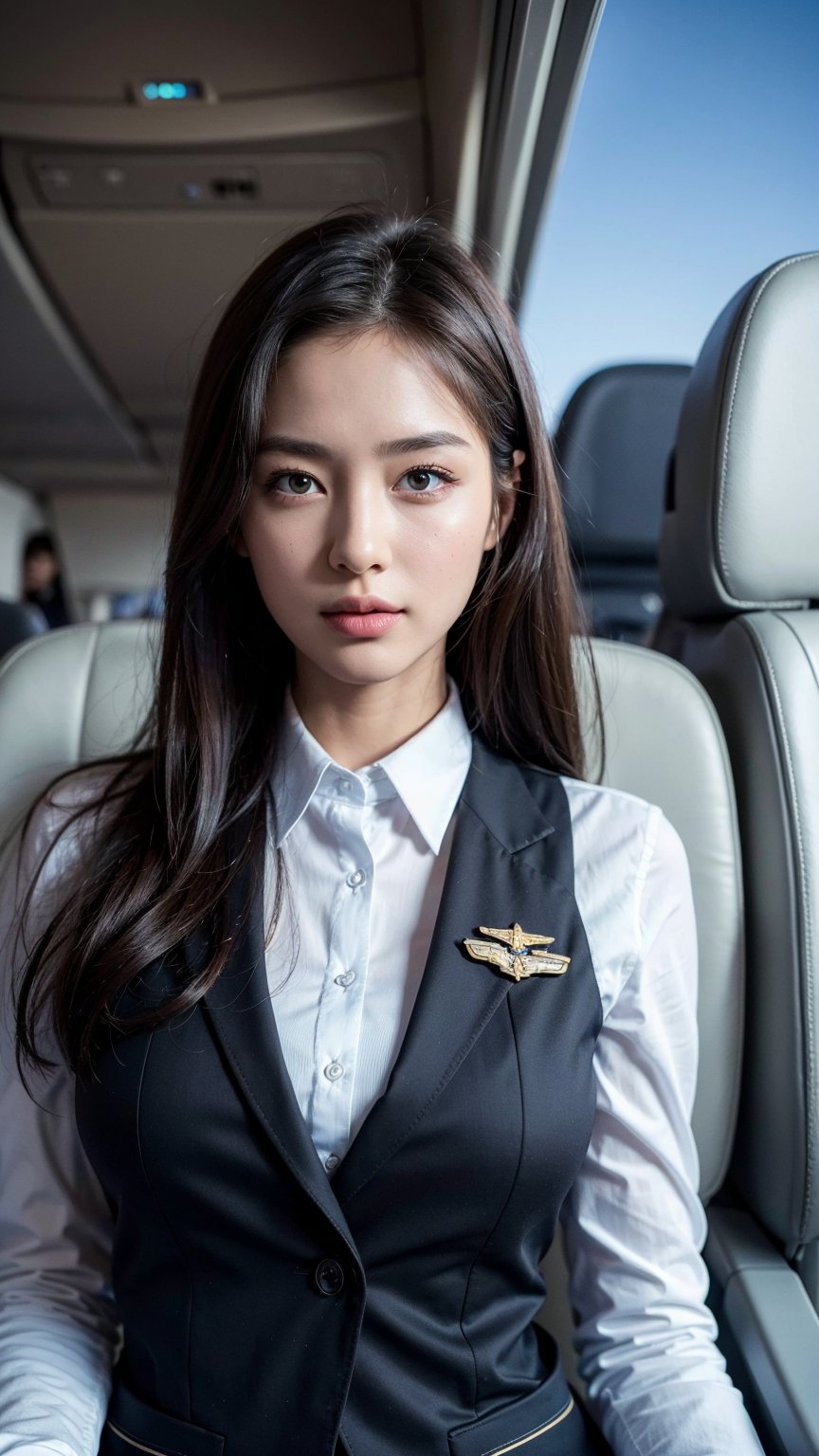 Top Quality, Masterpiece, 8K, Ultra High Definition, (Photorealistic: 1.4), 1 Girl, Beautiful Face, Symmetrical Eyes, Big, Perfect Body Proportions, Stewardess Uniform, Viewer's Look, (Inside the Airplane: 1.2), Front View, Shoulder Jump, Absolute Area (1.3),