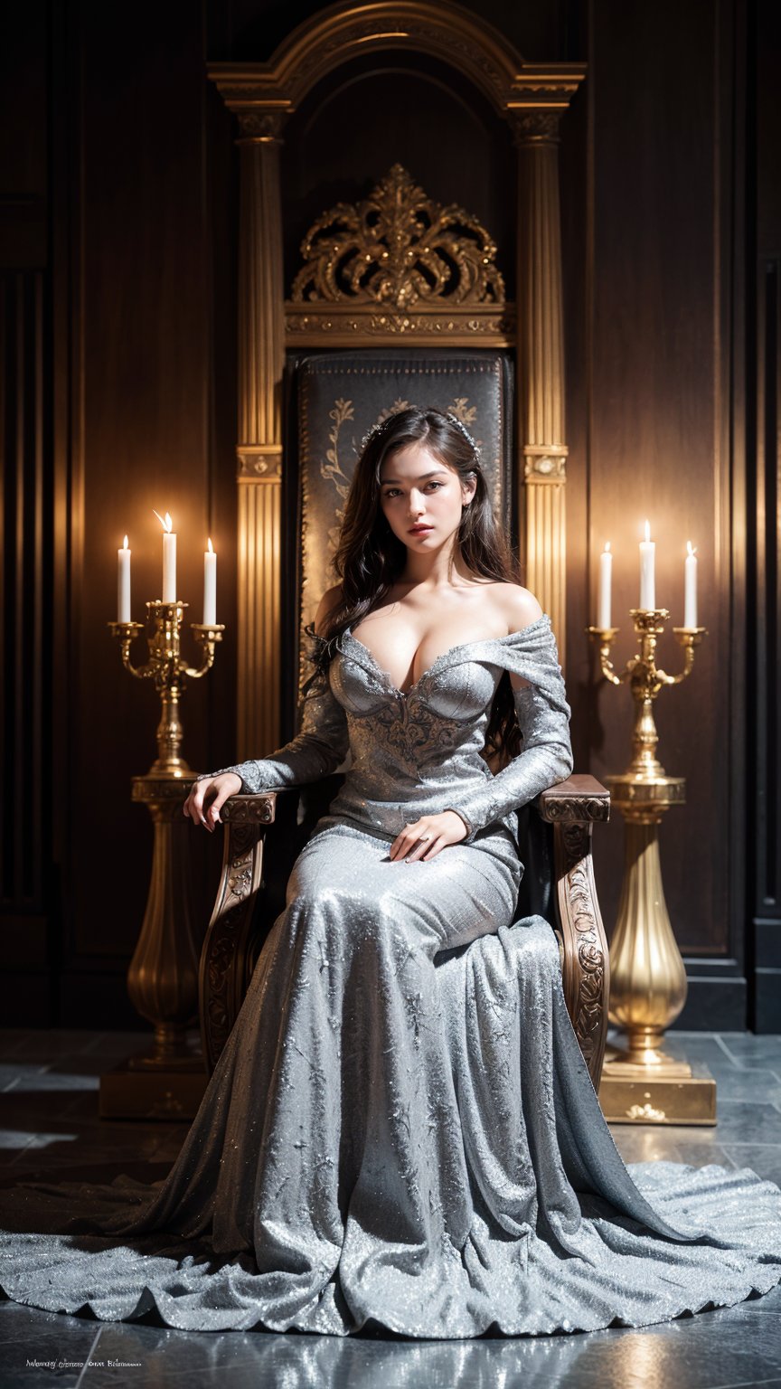 a perfect angle cowboy shot  photo of a woman, macfoy,  posing for the camera, wearing a suit of armor, intricate,  facing viewer, in a throne room, candlelight, hedge, magazine cover, sharp focus, detailed, high quality, high resolution 