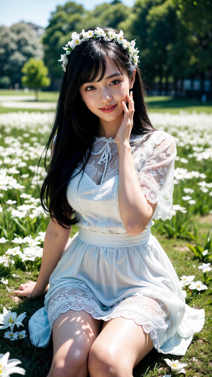 (masterpiece, best quality:1.2), absurdres, highres,
beautiful detailed flowers, white lily field, petals, depth of field,
1girl, smile, white blouse, skirt, black hair, long hair, black hair ribbon, (cute pose:1.2)
