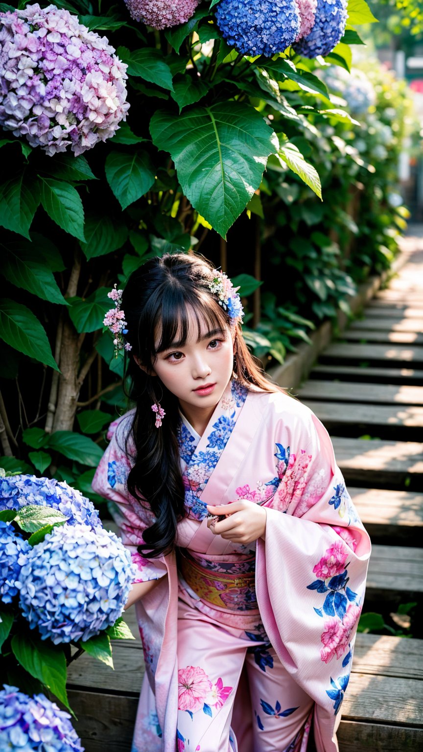 1girl, masterpiece, best quality, highres, sharp focus, face focus, highly detailed, detailed beautiful face and eyes, super detailed skin, detailed background, professional lighting, full body, pink kimono, flower printing kimono, blooming hydrangea, garden Alley,water drop,