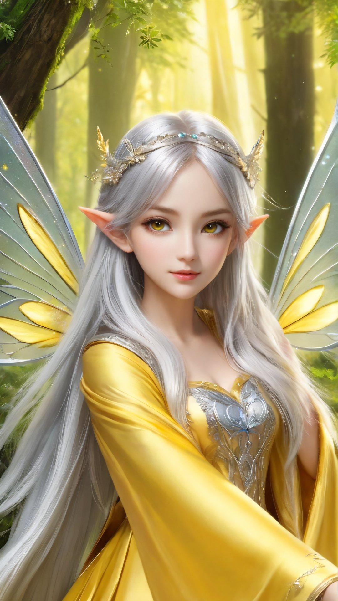 Beautiful sparkling eyes,1girl, fairy of the North, fur, fairy wings, silver long hair, yellow cloth, High quality, detailed, masterpiece, deep forest background