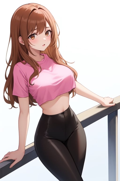 best quality, extremely detailed, masterpiece, 1_girl, underage, 16 years old, young, medium boobs, brown_hair, long_hair, longhair, straight_hair, brown_eyes, teen, teenage, slim_wast, thighs, leggings, pink top, crop top, character, white_background, innocent, standing, eye-level, cute, adorable