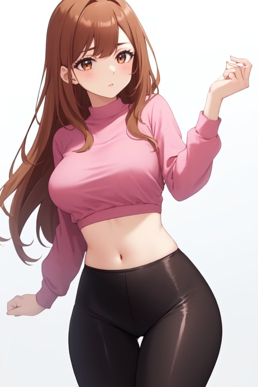 best quality, extremely detailed, masterpiece, 1_girl, underage, 16 years old, young, medium boobs, brown_hair, long_hair, longhair, straight_hair, brown_eyes, teen, teenage, medium thighs, leggings, pink top, crop top, character, white_background, innocent, standing, eye-level, cute, adorable