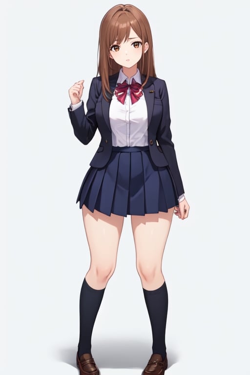 best quality, extremely detailed, masterpiece, 1_girl, underage, 16 years old, young, medium boobs, brown_hair, long_hair, longhair, straight_hair, brown_eyes, teen, teenage, school_girl, school_uniform, knee_socks, no suit, white shirt, white_background, innocent, standing, eye-level, cute, adorable