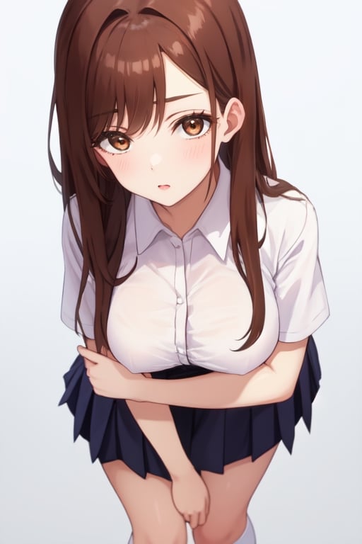 best quality, extremely detailed, masterpiece, 1_girl, underage, 16 years old, young, medium boobs, brown_hair, long_hair, longhair, straight_hair, brown_eyes, teen, teenage, school_girl, school_uniform, knee_socks, white shirt, white_background, innocent, standing, eye-level, cute, adorable