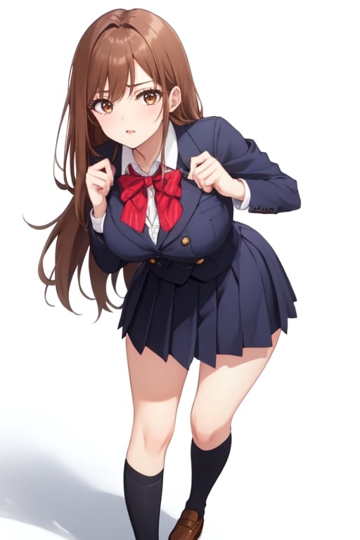 best quality, extremely detailed, masterpiece, 1_girl, underage, 16 years old, young, medium boobs, brown_hair, long_hair, longhair, straight_hair, brown_eyes, teen, teenage, school_girl, school_uniform, knee_socks, white shirt, white_background, innocent, standing, eye-level, cute, adorable