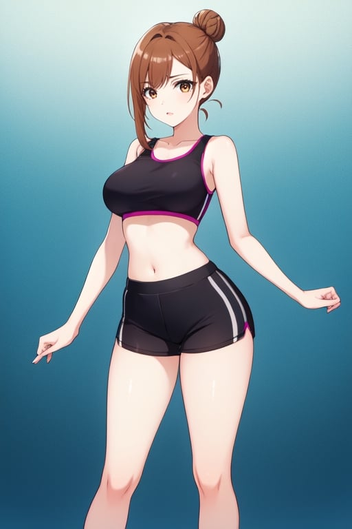 best quality, extremely detailed, masterpiece, 1_girl, underage, 16 years old, young, medium boobs, brown_hair, long_hair, longhair, straight_hair, brown_eyes, teen, teenage, medium thighs, black sport shorts, pink top, crop top, character, white_background, innocent, standing, eye-level, cute, adorable, hair bun, hot