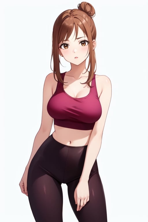 best quality, extremely detailed, masterpiece, 1_girl, underage, 16 years old, young, medium boobs, brown_hair, long_hair, longhair, straight_hair, brown_eyes, teen, teenage, medium thighs, leggings, pink top, crop top, character, white_background, innocent, standing, eye-level, cute, adorable, hair bun, hot