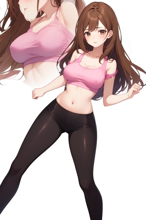 best quality, extremely detailed, masterpiece, 1_girl, underage, 16 years old, young, medium boobs, brown_hair, long_hair, longhair, straight_hair, brown_eyes, teen, teenage, slim_wast, thighs, leggings, pink top, crop top, character, white_background, innocent, standing, eye-level, cute, adorable