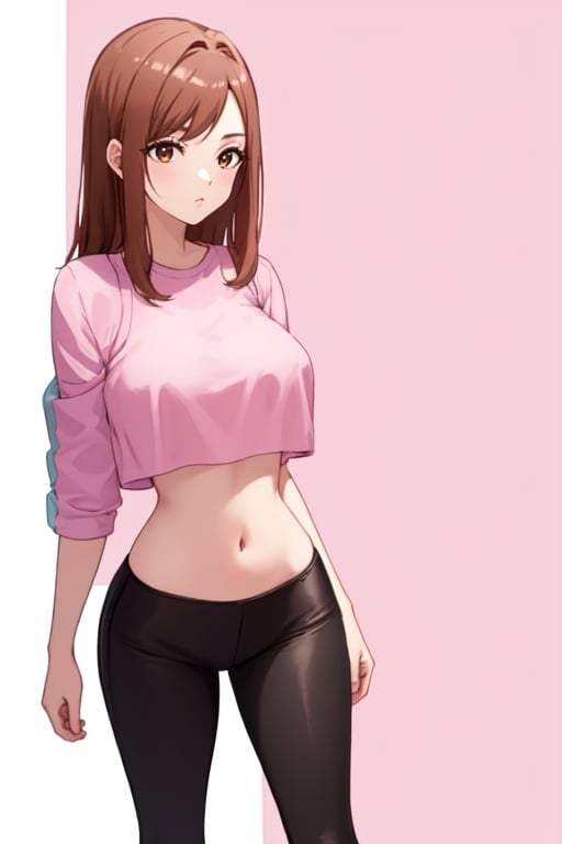 best quality, extremely detailed, masterpiece, 1_girl, underage, 16 years old, young, medium boobs, brown_hair, long_hair, straight_hair, brown_eyes, teen, teenage, leggings, pink top, crop top, character, white_background, innocent, standing, eye-level, cute, adorable