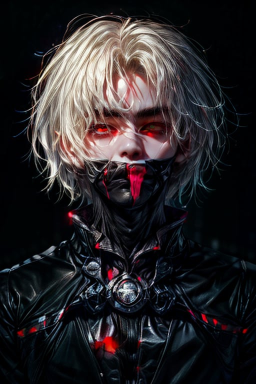 A 20 year old boy, Asian,white color hair ,standing in the road of Tokyo, night Time, neon light flashing on the background, realistic, hyper detailed face, hyper detailed crimson red vampire eyes, looking at the camera, has a subtle hint of blood on his mouth and lips, ((wearing a dark suit)),((high resolution)), ((good anatomy)),((best quality)),((hyper detailed picture)),((extremely high resolution)),{{{half body picture reaching ypto the chest}}},{{{looking at the camera}}},((slightly thin))