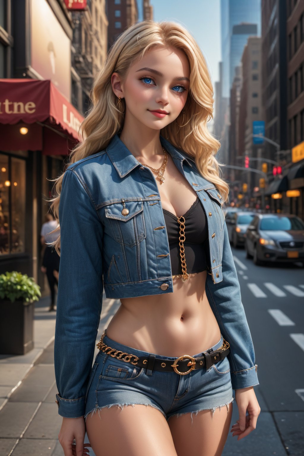 masterpiece, high quality, realistic aesthetic photo ,(HDR:1.4), pore and detailed, intricate detailed, graceful and beautiful textures, RAW photo, 16K, cinematic lighting, (head to waist portrait), on the New-York city street, cute girl fused on ruby, beautiful face, elegant, light smile, light-blue eyes, blonde wavy long hair, smooth fair skin, thin necklace, belly button, denim jacket with chain, collared shirt, thin chain belt,xxmix_girl,SDXL