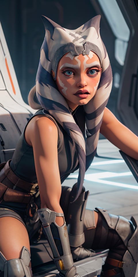 photorealistic stunningly beautiful, 1girl, solo, (blue eyes), ((colored orange skin)), tattoos, ahsokatano, extremely detailed eyes, realistic eyeballs, detailed symmetric realistic face, symmetric eyeballs, small eyeballs, natural orange skin texture, extremely detailed orange skin, with skin pores, peach fuzz, small freckles, small lips, delicate face, wearing armor, tight shorts, boots, gloves, (spaceship neon background), masterpiece, absurdres, award winning photo by Annie Leibovitz, extremely detailed, amazing, fine detail, rich colors, hyper realistic lifelike texture, natural shadow, unreal engine, trending on artstation, photo realistic, RAW photo, high quality, highres, sharp focus, cinematic lighting, 8k, clean composition, strong details, beautiful colors, style raw