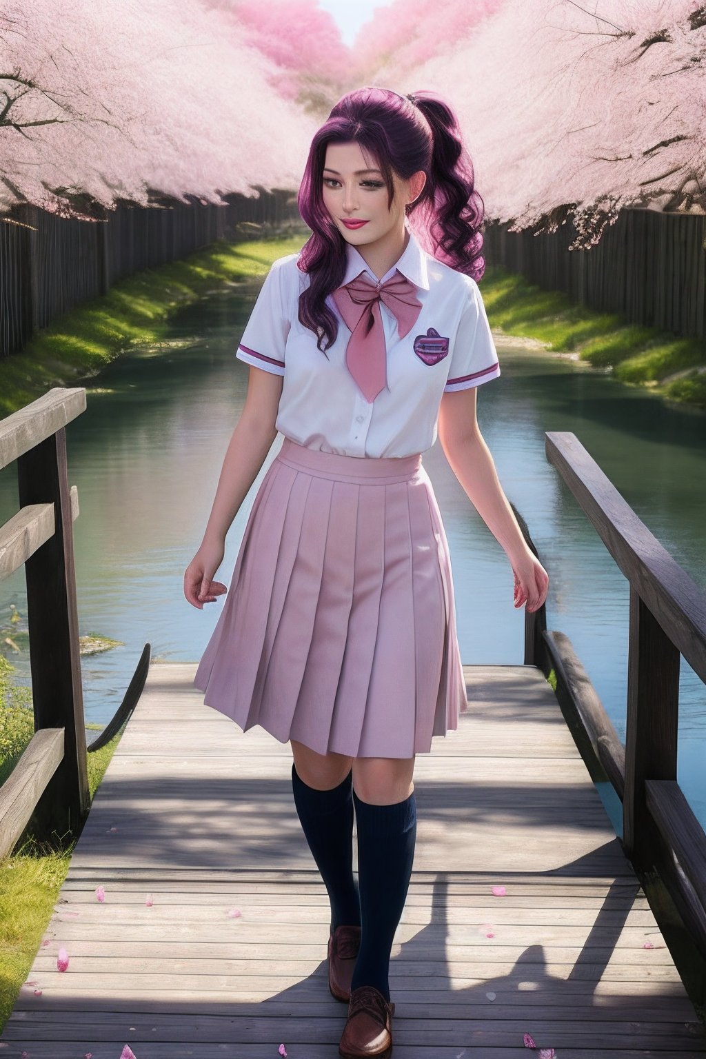30 yo girl, japan school uniform,purple curly hair, look at the camera,long_ponytail, standing on a wood bridge,curved bridge, hyper realistic river, peach tree, flying pink petals, realistic shadows,high contrast, ray of lights, muted colors,fireflys