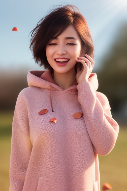 Short hair, (huge laughing), tilt head, strong wind,  light particles, ear covered by hair, simple background,blurred background, light rays, full body, perfect eyes, small nose, sharp jaw,realistic hands, small waist body,wearing hooded sweater, peach petals flying,simple background,blurred background