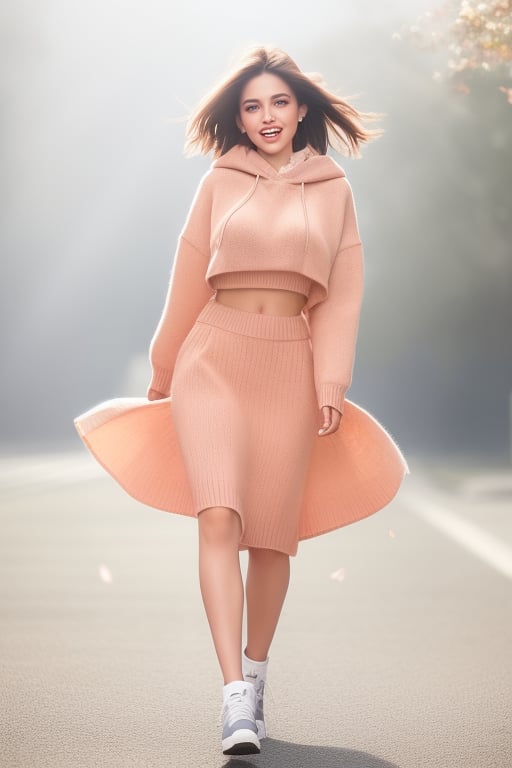 Short hair, (huge laughing), tilt head, strong wind,  light particles, ear covered by hair, cute face expressions,simple background,blurred background, strong light rays from top right, full body, natural boobs,perfect eyes, small nose, sharp jaw,realistic hands, small waist body,wearing hooded sweater, peach petals flying,simple background,blurred background,open chest sweater,Detailedface