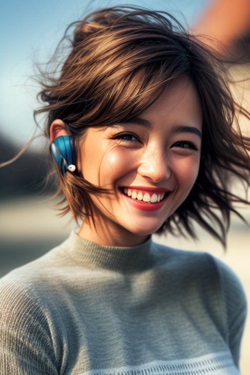 Short hair, (huge laughing), tilt head, strong wind,  light particles, ear covered by hair, dimples, simple background,blurred background, realistic sun rays, portrait, perfect eyes, small nose, sharp jaw,perfecteyes