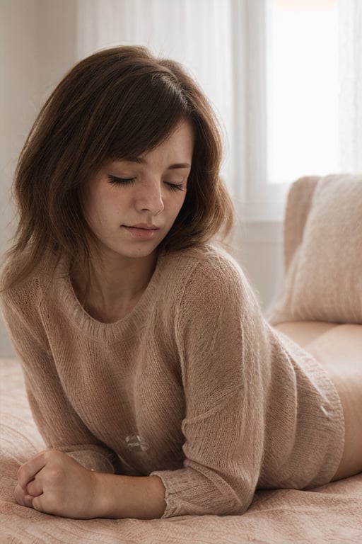 A portrait photo of {{a girl with light brown bushy hair laying down curled up on a silky bed wearing long oversized grey knitted sweater}}, [sheer fabric panties], closed eyes, realistic hair, 8k, hdr, award winning photography, warm ambient, sharp light ,open chest sweater, vivid balanced color