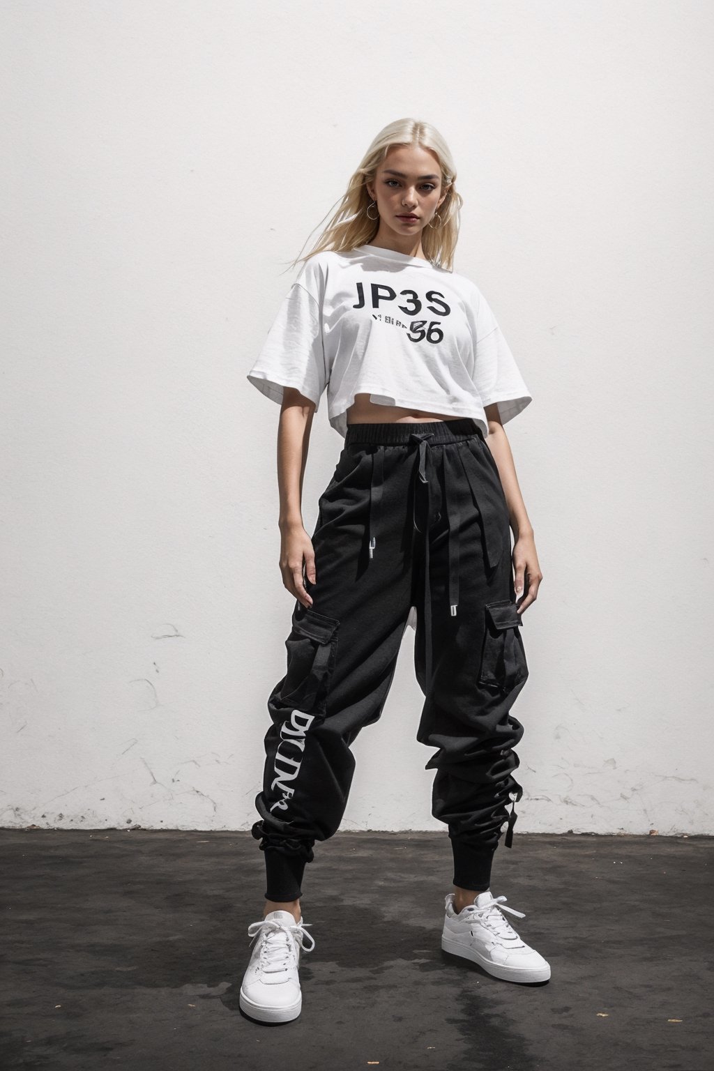 1girl, young pretty white girl, hot top model, long blonde hair, wearing a white oversize t shirt (t shirt only white color) and Acronym J36-S black pants and Acronym P30A-DS and black and white sneakers, in city, instagram model, 80mm,urban techwear,weapon