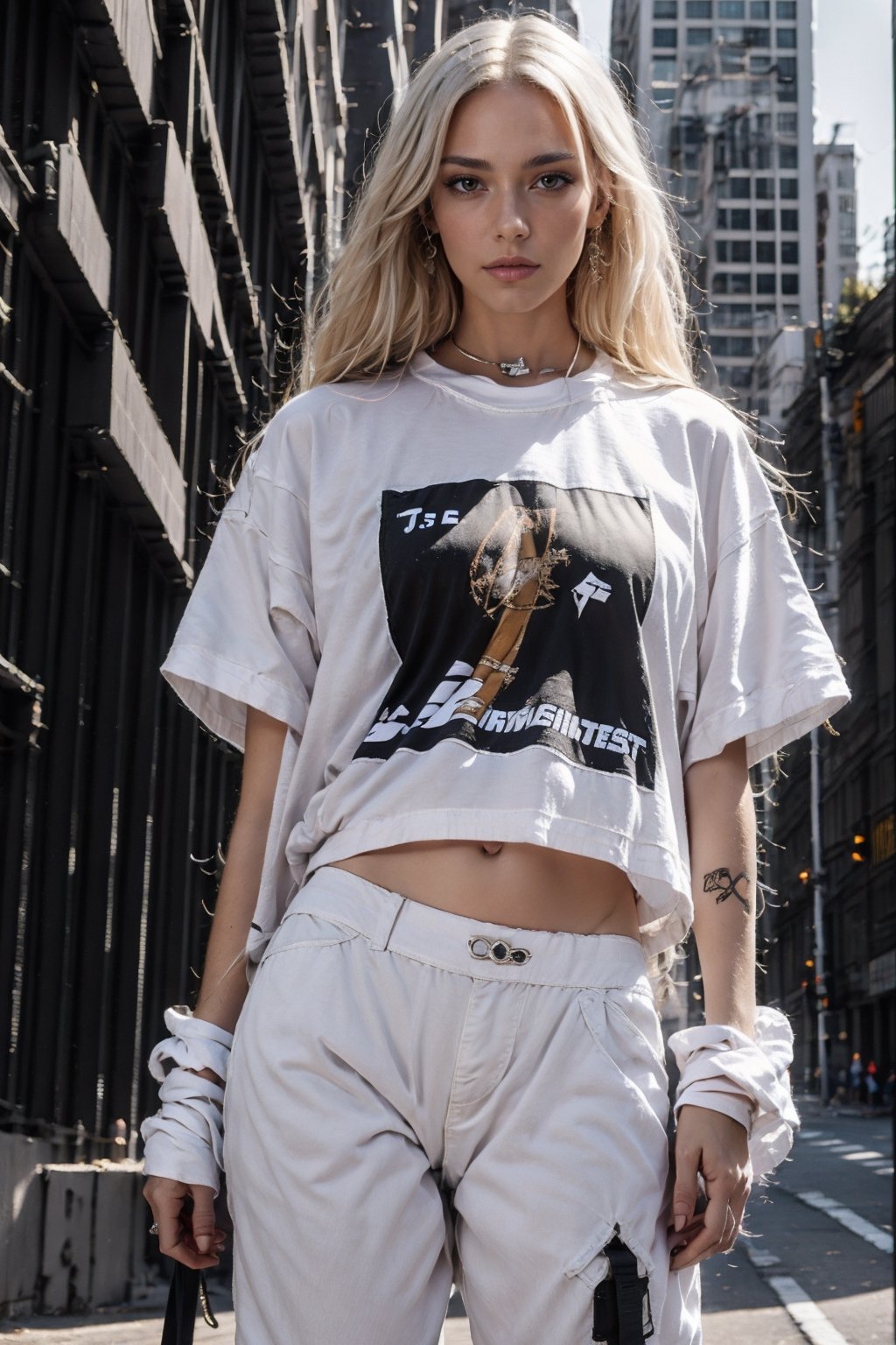 1girl, young white girl, hot top model, long blonde hair, wearing a white long oversize t shirt (t shirt only white color) and Acronym J36-S black pants and Acronym P30A-DS and black and white sneakers, in city, instagram model, 80mm,urban techwear,blurry_light_background,tattoo,nipple piercing,girl