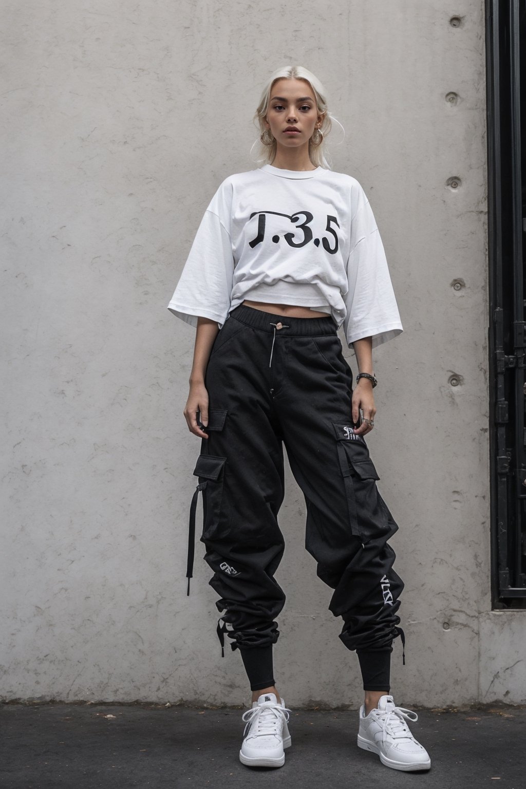 1girl, young pretty white girl, hot top model, long blonde hair, wearing a white oversize t shirt (t shirt only white color) and Acronym J36-S black pants and Acronym P30A-DS and black and white sneakers, piercings, in city, sitting near a wall, instagram model, 80mm,urban techwear,weapon