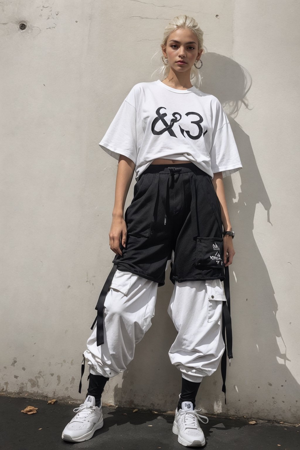 1girl, young pretty white girl, hot top model, long blonde hair, wearing a white oversize t shirt (t shirt only white color) and Acronym J36-S black pants and Acronym P30A-DS and black and white sneakers, piercings, in city, sitting near a wall, instagram model, 80mm,urban techwear,weapon