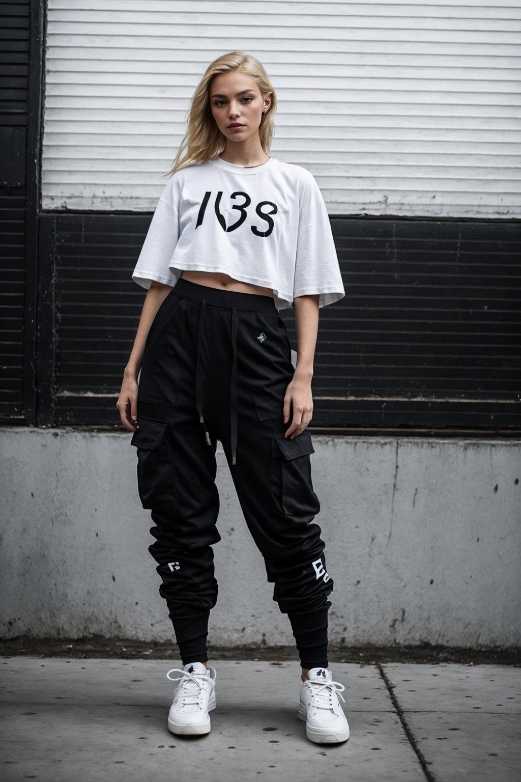 1girl, young white girl, hot top model, long blonde hair, wearing a white oversize t shirt (t shirt only white color) and Acronym J36-S black pants and Acronym P30A-DS and black and white sneakers, in city, instagram model, 80mm,urban techwear